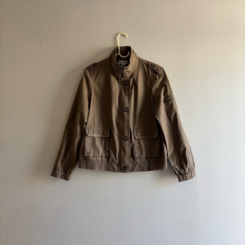 Calvin Klein Women Utility Military Green Jacket Sz M Full Zip Buttons Pockets